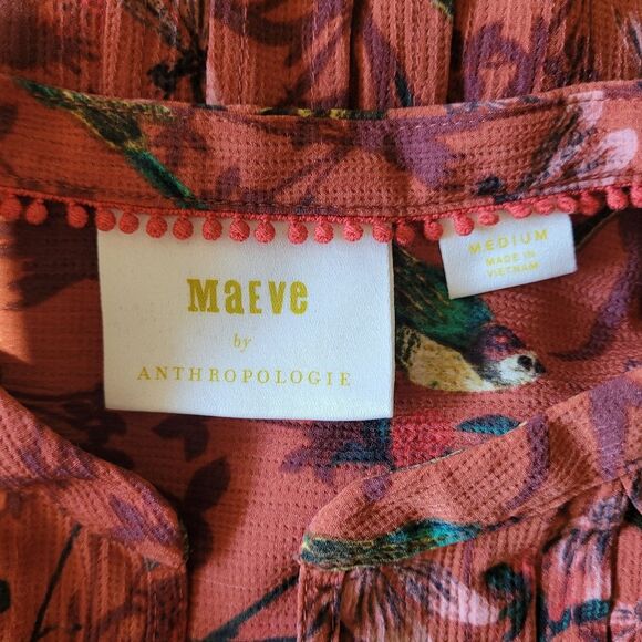 Anthropologie Maeve Liliana Orange Bird Pleated Button Down Blouse Size Medium - Picture 6 of 10